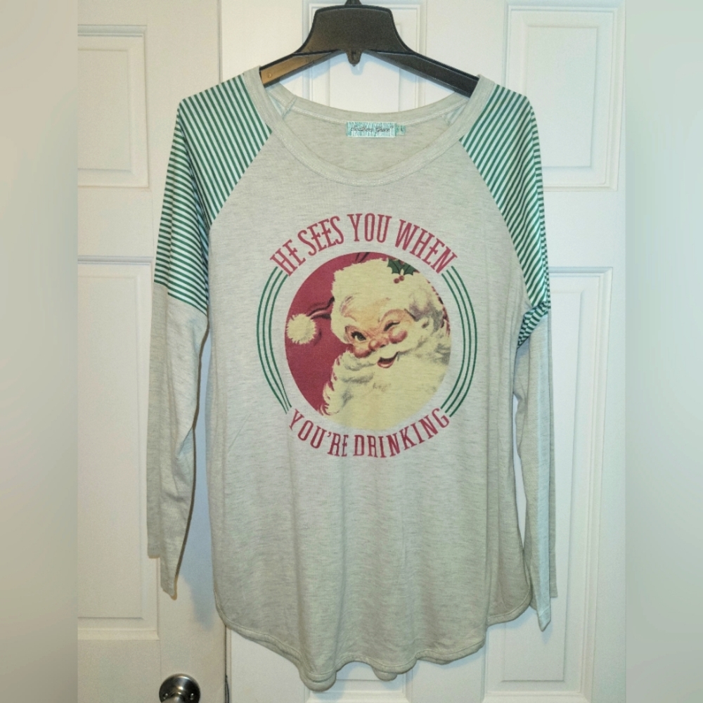 He Sees you When you're Drinking Xmas Long Sleeve Shirt Size Large Christmas